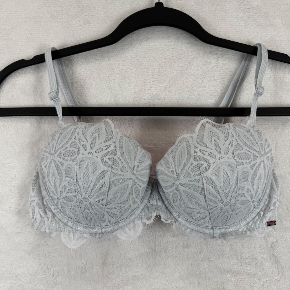 Victoria's Secret PINK Date Push-Up Bra Light Blue Floral Lace 32C Underwire